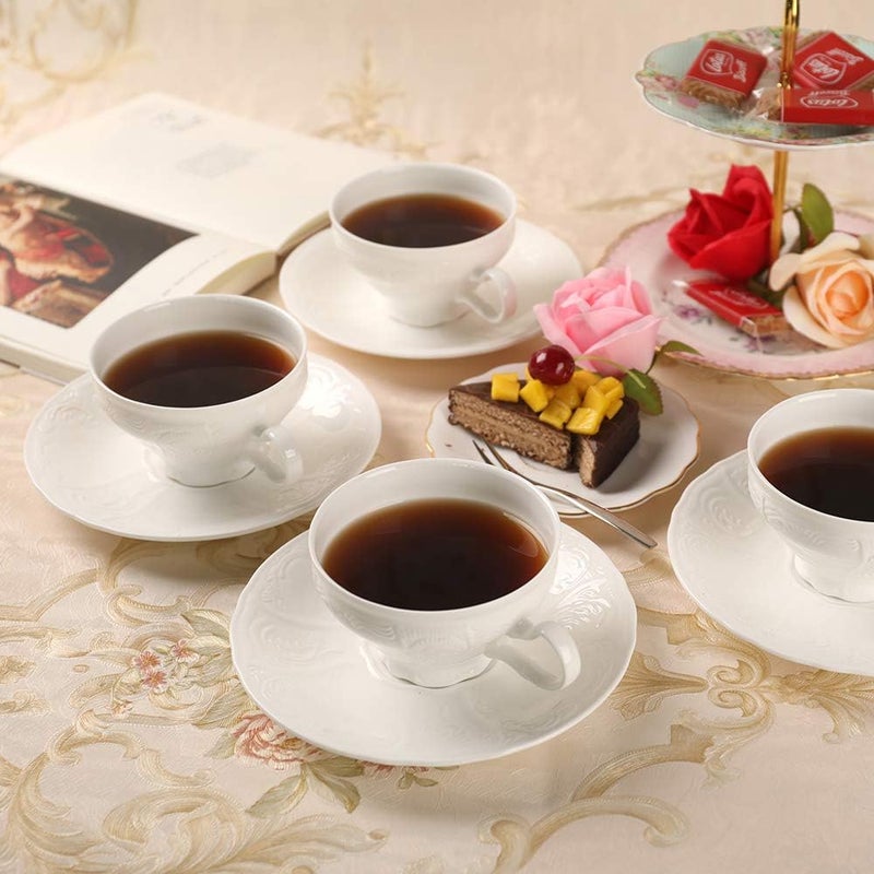 PULCHRITUDIE White Fine Porcelain 7 Oz Teacup Saucer Set, Sculpture Surface, Light Weight, Set of Four - Image 3